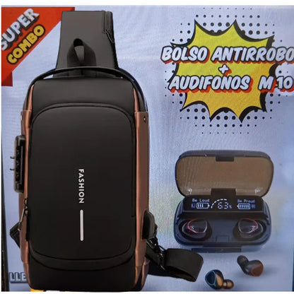 Combo Bolso Antirrobo + Audífonos M10