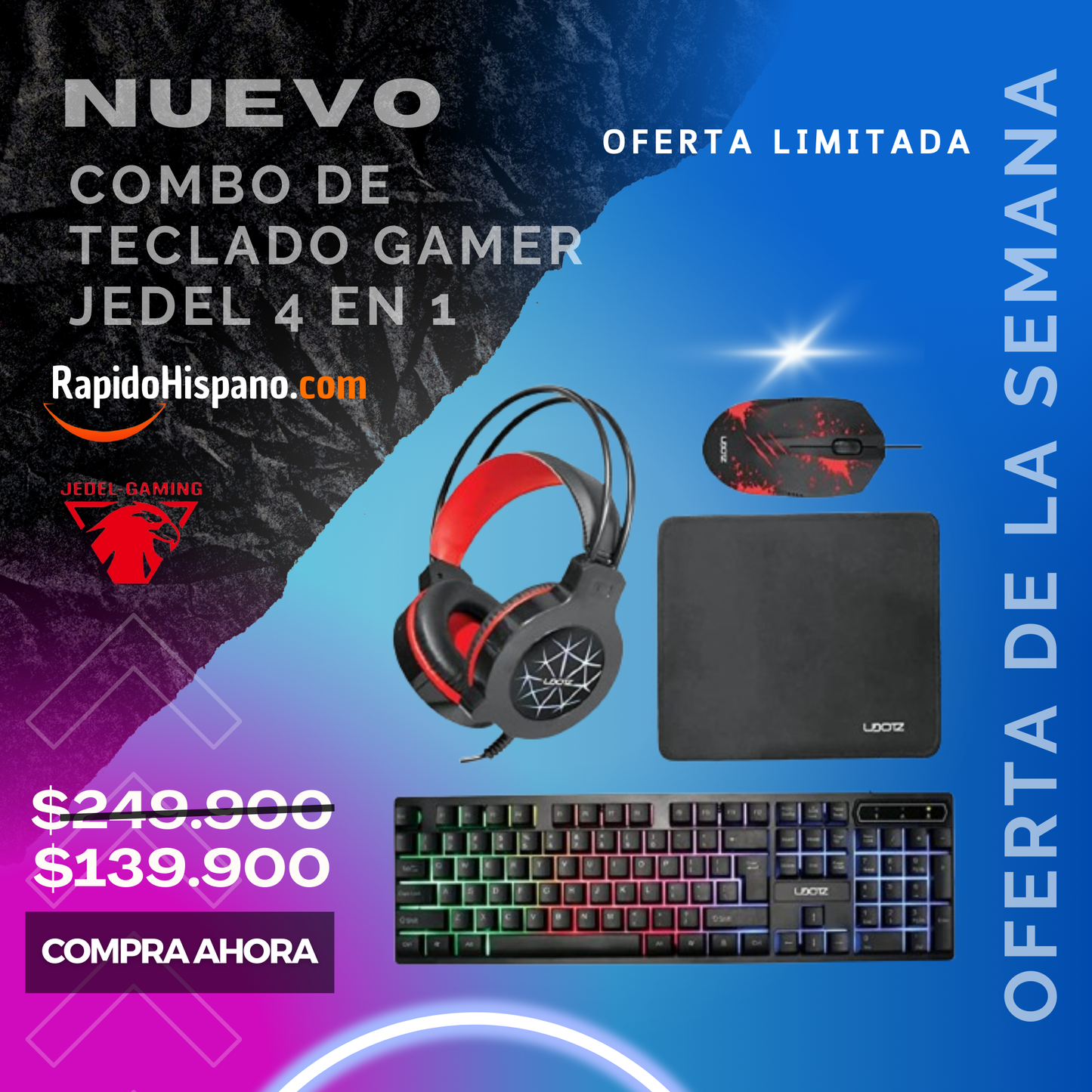 Combo De Teclado Gamer Jedel 4 En 1